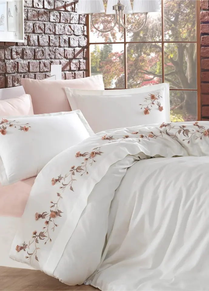 DANTELA Anetta 3D Nakışlı Çift Kişilik Nevresim Takımı - Krem/Pudra