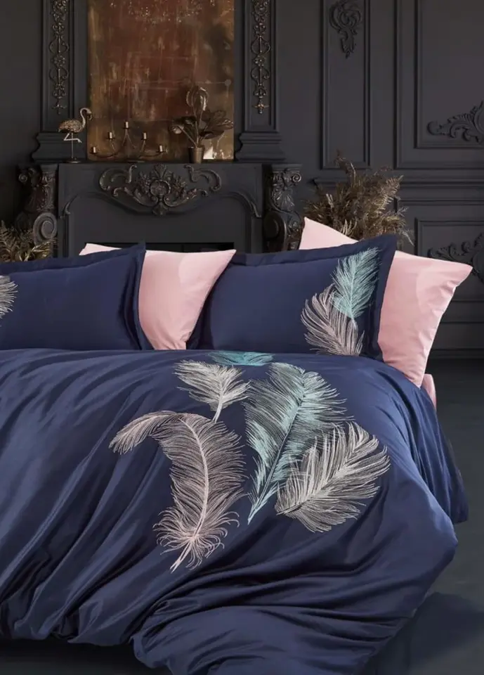DANTELA İz Pamuk Saten Çift Kişilik Nevresim Takımı - Lacivert/ Pembe