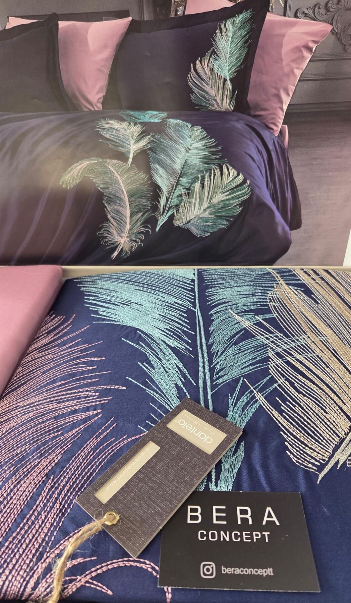 DANTELA İz Pamuk Saten Çift Kişilik Nevresim Takımı - Lacivert/ Pembe