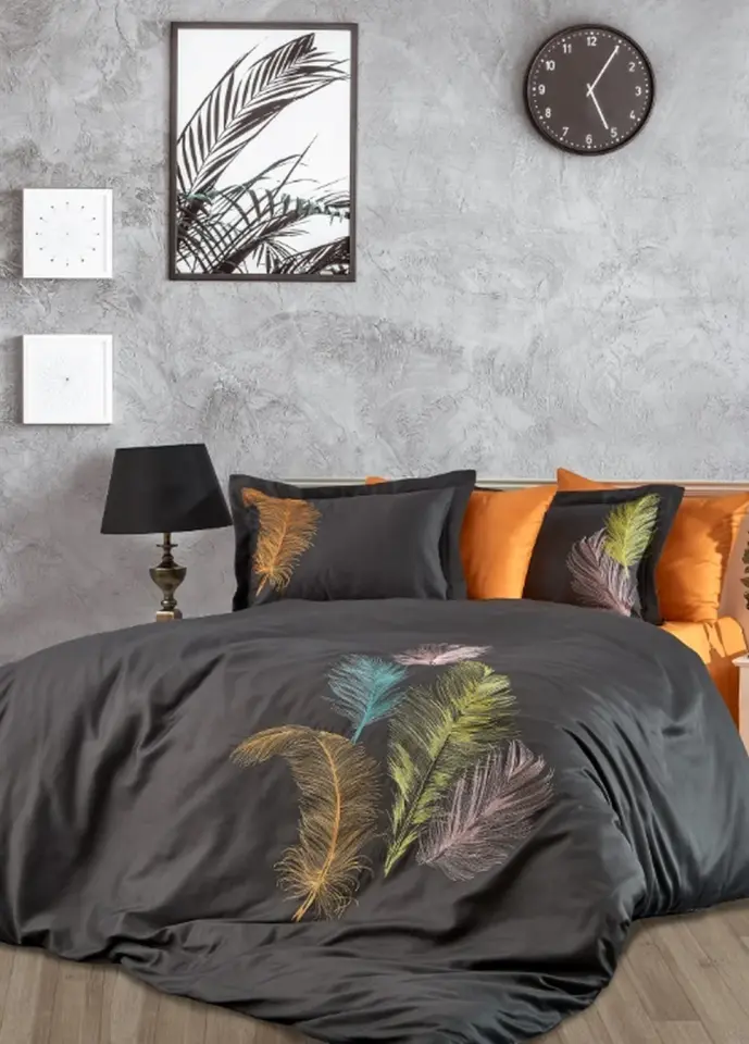 DANTELA İz Pamuk Saten Çift Kişilik Nevresim Takımı -Antrasit/Turuncu