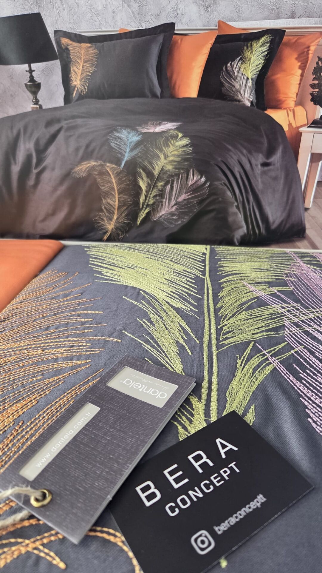 DANTELA İz Pamuk Saten Çift Kişilik Nevresim Takımı -Antrasit/Turuncu