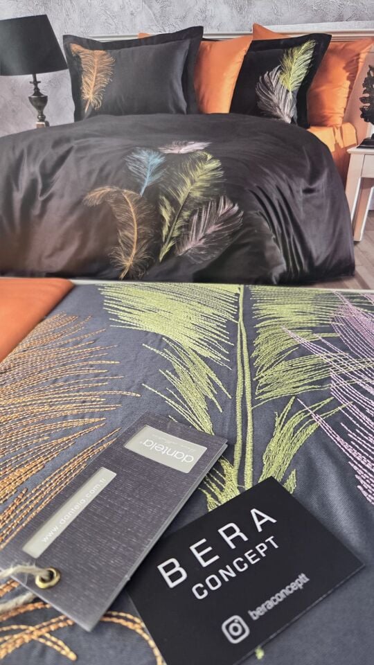 DANTELA İz Pamuk Saten Çift Kişilik Nevresim Takımı -Antrasit/Turuncu