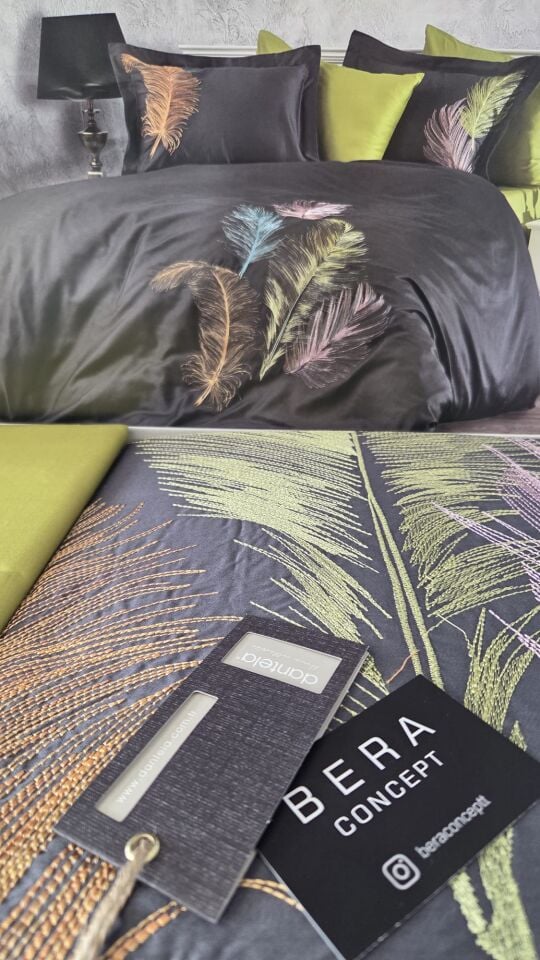 İz Pamuk Saten Çift Kişilik Nevresim Takımı - Antrasit/Yeşil