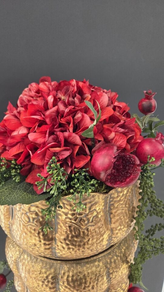 Bera Concept Antik Gold Çanakta Nar & Ortanca Aranjmanı