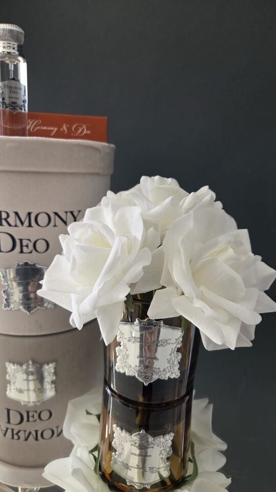 Harmony & Deo Islak Gül Oda Kokusu Beyaz 5 Güllü Kutulu Parfümlü Amber Vazo